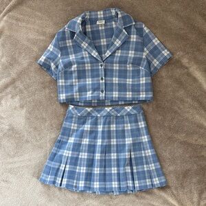 Aritzia Sunday Best Blue & White Plaid Cropped Button Up and Skirt Set - Size S